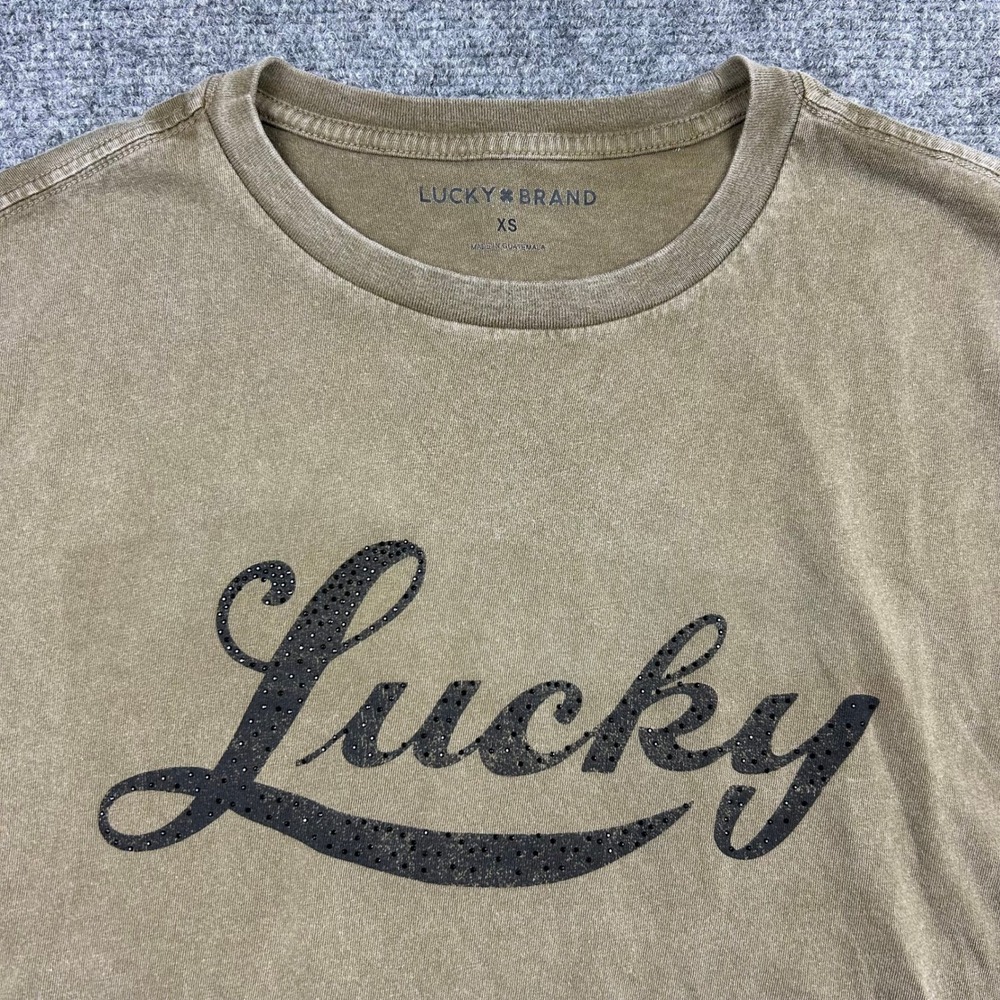 Lucky Brand Graphic Tee Womens XS Olive Brown Green Glitter Logo Casual T Shirt